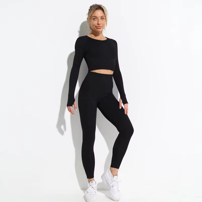 2Pcs Seamless Hyperflex Workout Sport Outfits for Women Sportswear Athletic Clothes Gym Long Sleeve Crop Top High Waist Leggings