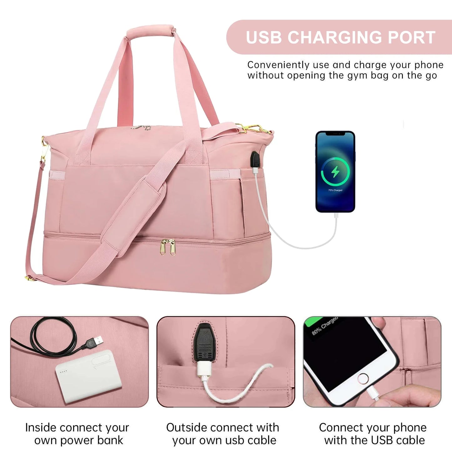 Travel Duffel Bag for Women, Gym Bag with USB Charging Port, Large Weekender Overnight Bag with Wet Pocket and Shoes Compartment for Travel, Gym, Yoga, Pink